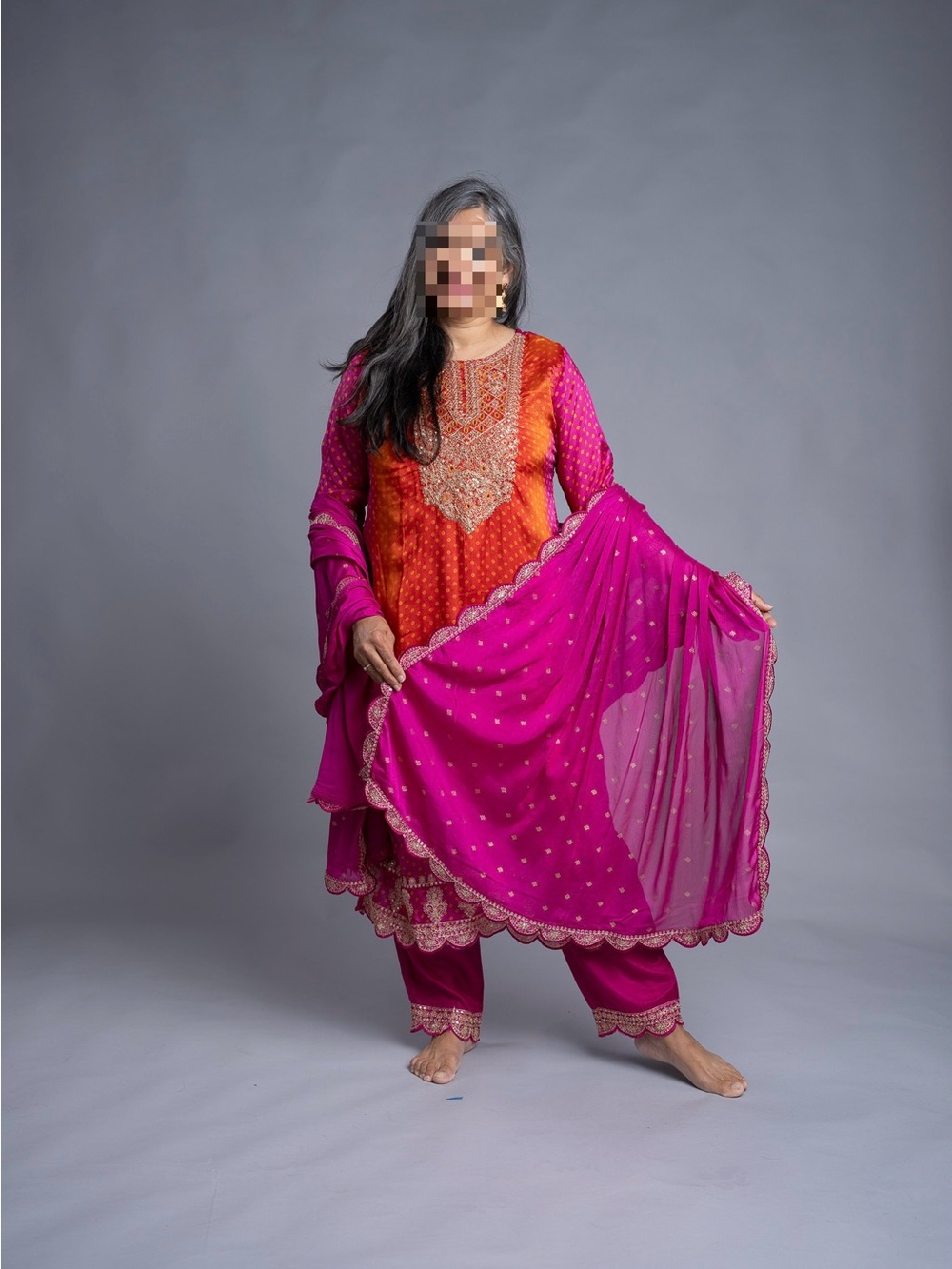 Brand new luxurious, vibrant Orange & Pink silk Embroidered Women’s Kurta set